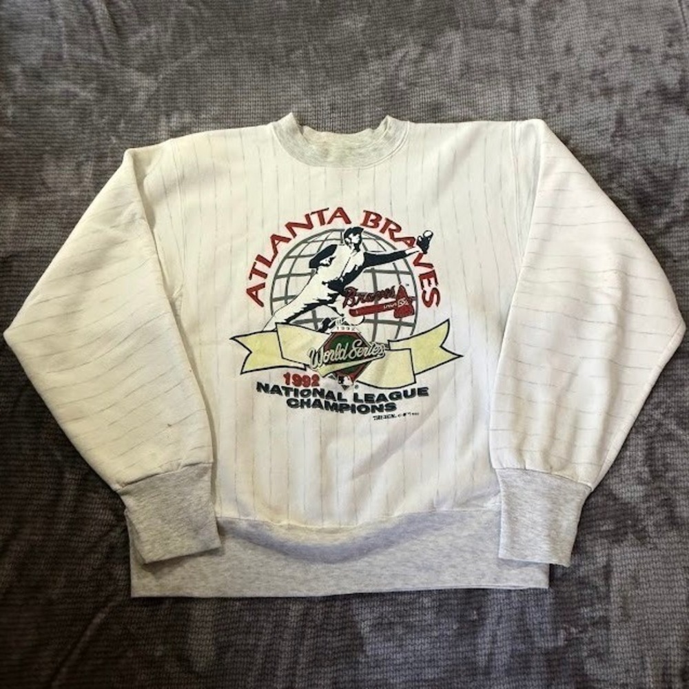 Vintage 1992 Atlanta Braves NL Champions Pinstripe Sweatshirt Trench Ultra M USA